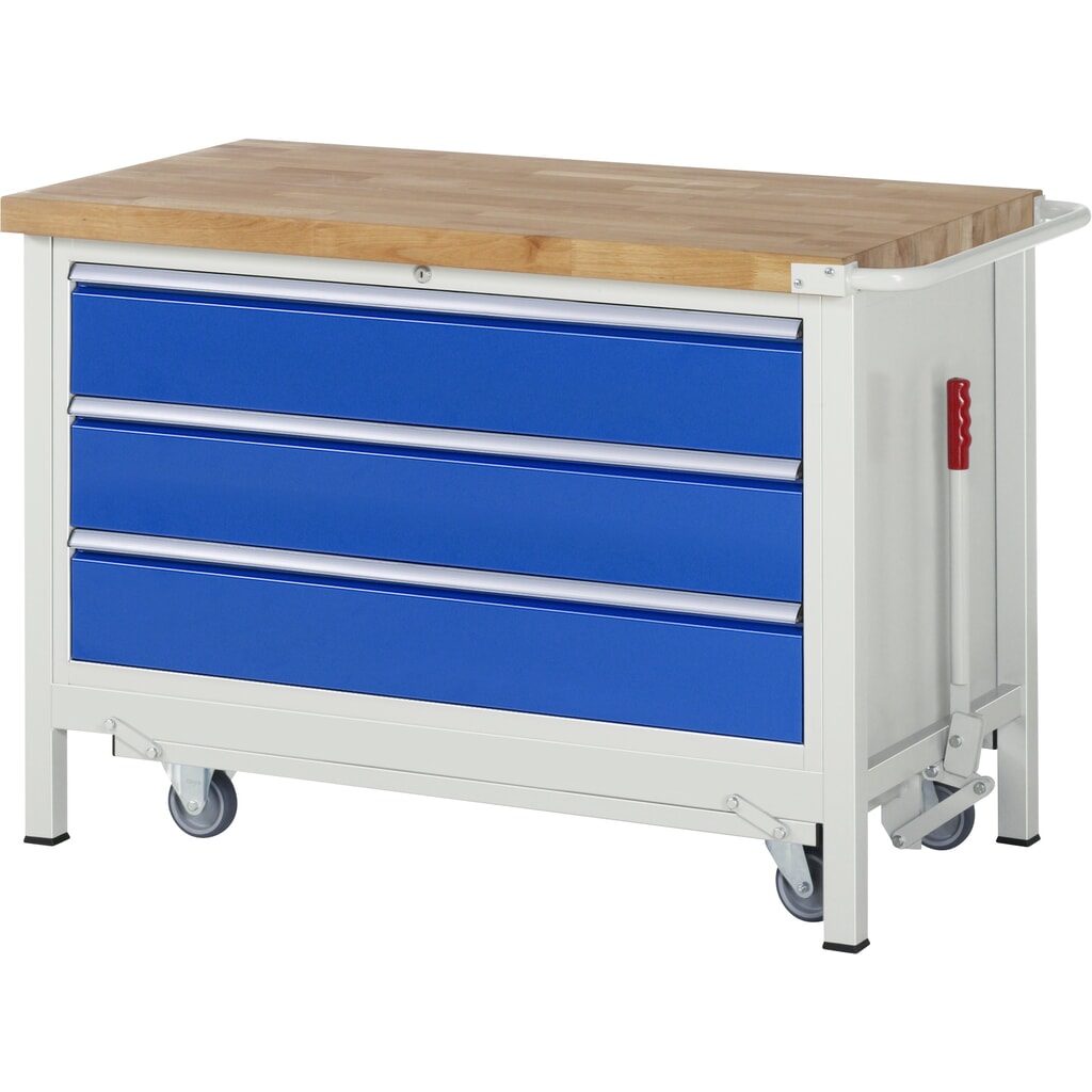 Produktabbildung: RAU Werkbank Serie 8000 mit absenkbarem Fahrgestell, 1 Container, HxBxT 880 x 1.250 x 700 mm, 3 x 100%-Auszug-Schubladen, Breite 1.055 mm, ErgoScript