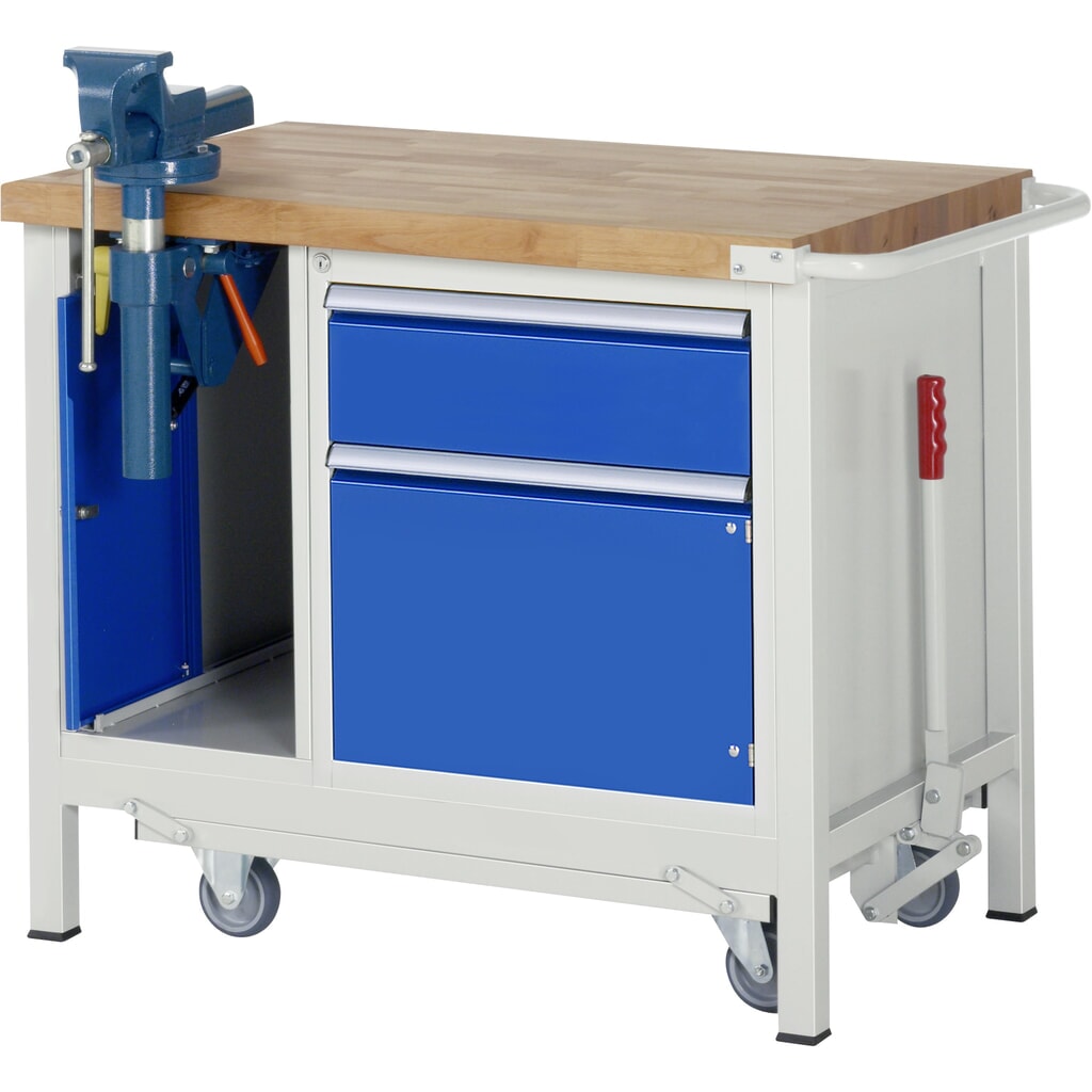 RAU Werkbank Serie 8000 mit absenkbarem Fahrgestell, 2 Container, HxBxT 880 x 1.000 x 700 mm, 1 Flügeltür, 1 x 90% Auszugs-Schublade, Schraubstock Produktabbildung Nr. 1: RAU Werkbank Serie 8000 mit absenkbarem Fahrgestell, 2 Container, HxBxT 880 x 1.000 x 700 mm, 1 Flügeltür, 1 x 90% Auszugs-Schublade, Schraubstock