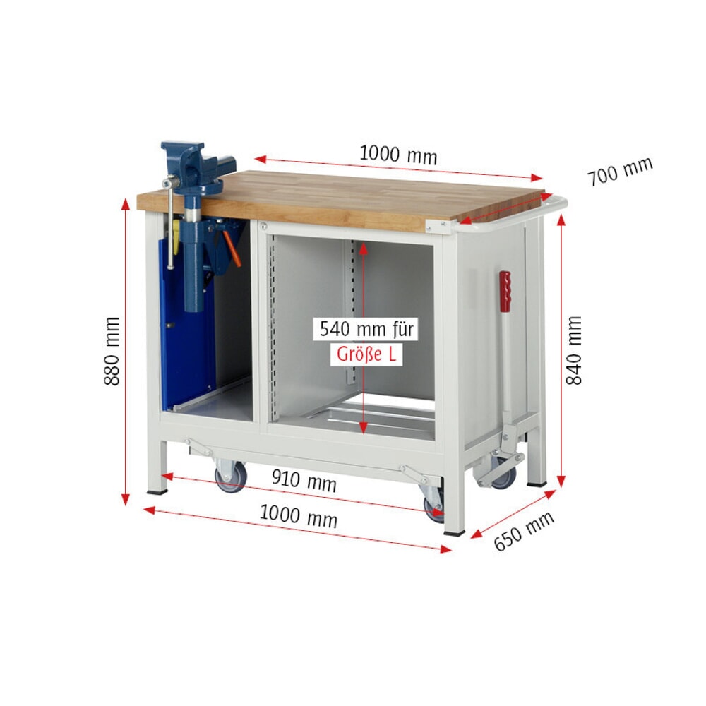 Produktabbildung Nr. 14: RAU Werkbank Serie 8000 mit absenkbarem Fahrgestell, 2 Container, HxBxT 880 x 1.000 x 700 mm, 5 x 90%-Auszug-Schubladen
