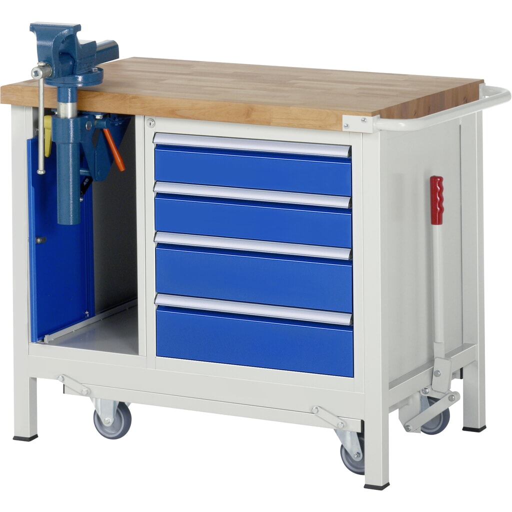 RAU Werkbank Serie 8000 mit absenkbarem Fahrgestell, 2 Container, HxBxT 880 x 1.000 x 700 mm, 4 x 90% Auszugs-Schubladen, Schraubstock Produktabbildung: RAU Werkbank Serie 8000 mit absenkbarem Fahrgestell, 2 Container, HxBxT 880 x 1.000 x 700 mm, 4 x 90% Auszugs-Schubladen, Schraubstock