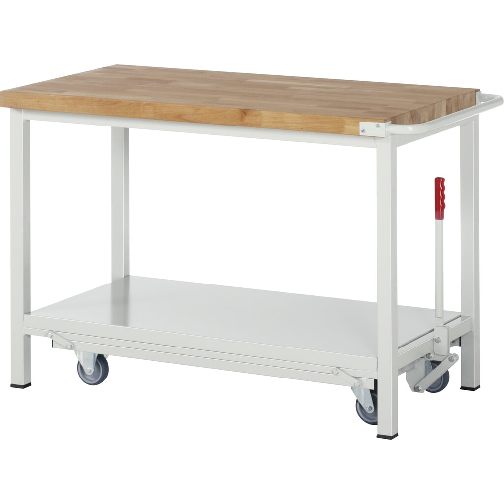 RAU Werkbank Serie 8000 mit absenkbarem Fahrgestell, HxBxT 880 x 1.250 x 700 mm, mit Ablageboden Produktabbildung: RAU Werkbank Serie 8000 mit absenkbarem Fahrgestell, HxBxT 880 x 1.250 x 700 mm, mit Ablageboden