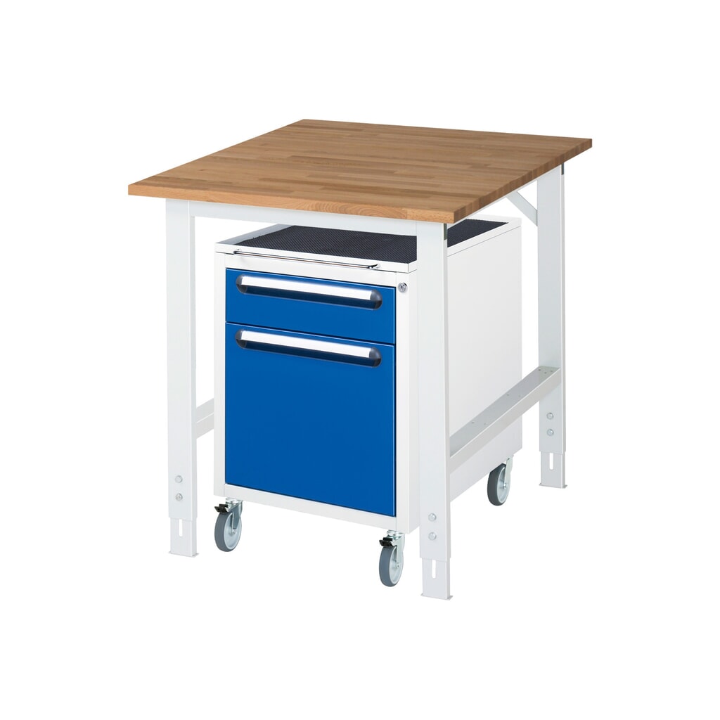 Produktabbildung: RAU Werkstatt-Set TOM 2-teilig, mit Werktisch, HxBxT 760-1.080 x 750 x 1.000 mm, Arbeitsplatte Buche-Massiv, zzgl. Roll-Container mit 2 Schubladen, HxBxT 690 x 480 x 600 mm