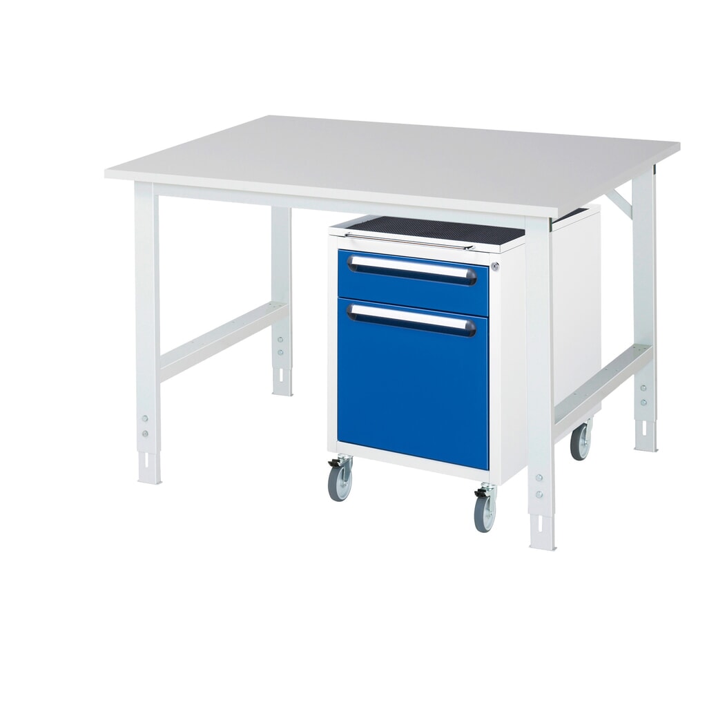RAU Werkstatt-Set TOM 2-teilig, mit Werktisch, HxBxT 760-1.080 x 1.250 x 1.000 mm, Arbeitsplatte Melamin-Belag, zzgl. Roll-Container mit 2 Schubladen, HxBxT 690 x 480 x 600 mm Produktabbildung: RAU Werkstatt-Set TOM 2-teilig, mit Werktisch, HxBxT 760-1.080 x 1.250 x 1.000 mm, Arbeitsplatte Melamin-Belag, zzgl. Roll-Container mit 2 Schubladen, HxBxT 690 x 480 x 600 mm