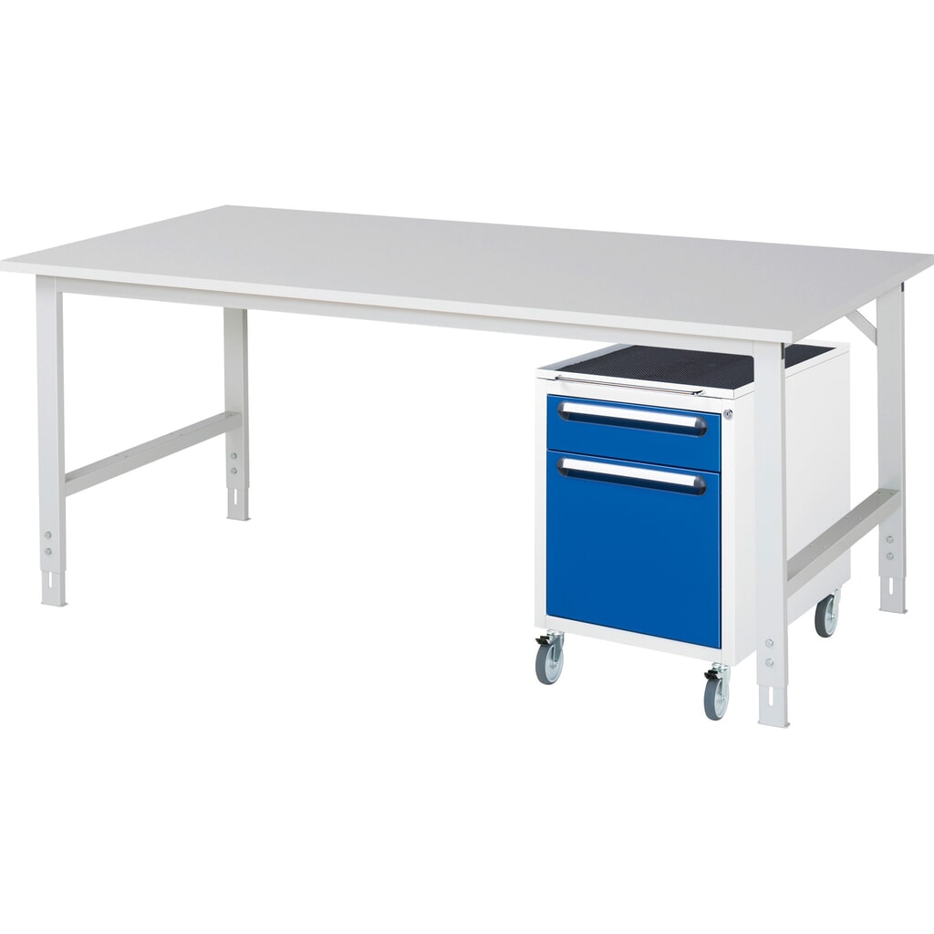 RAU Werkstatt-Set TOM 2-teilig, mit Werktisch, HxBxT 760-1.080 x 2.500 x 1.000 mm, Arbeitsplatte Melamin-Belag, zzgl. Roll-Container mit 2 Schubladen, HxBxT 690 x 480 x 600 mm Produktabbildung: RAU Werkstatt-Set TOM 2-teilig, mit Werktisch, HxBxT 760-1.080 x 2.500 x 1.000 mm, Arbeitsplatte Melamin-Belag, zzgl. Roll-Container mit 2 Schubladen, HxBxT 690 x 480 x 600 mm