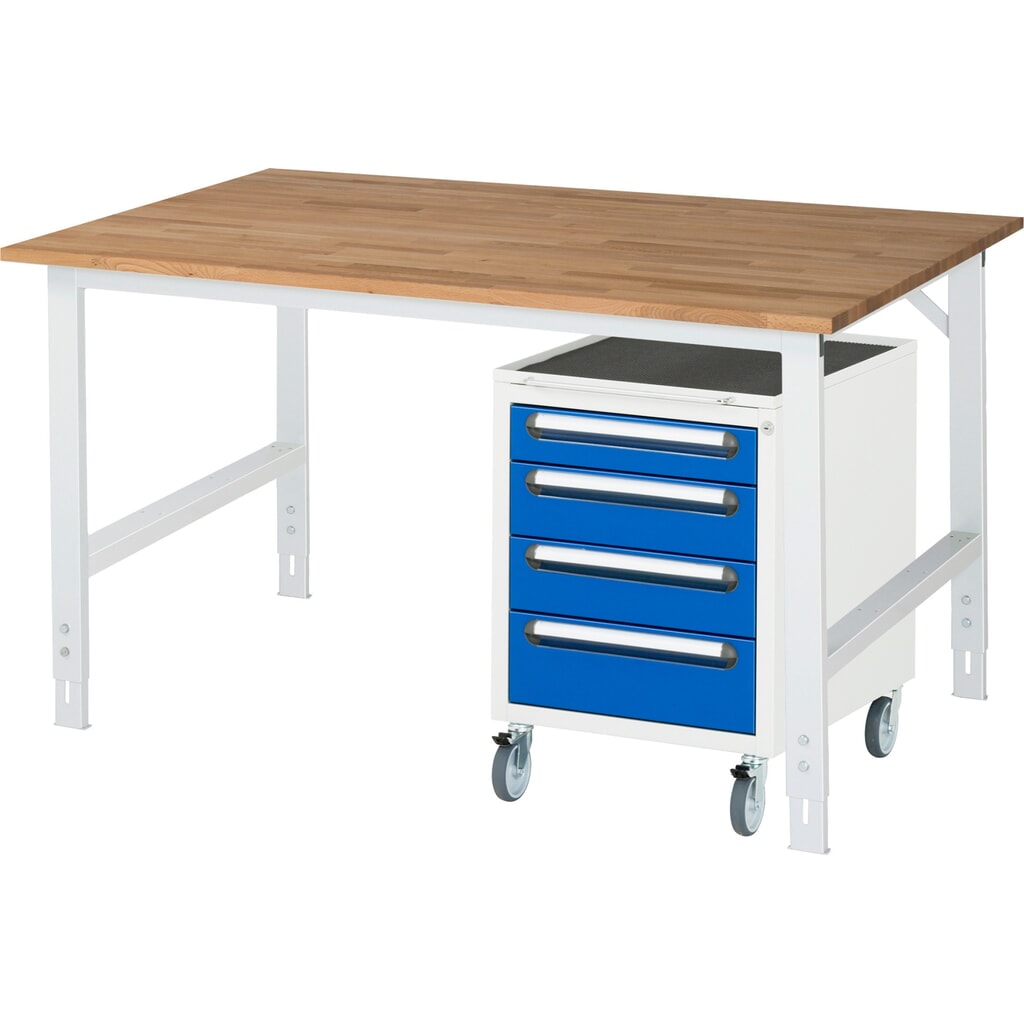 RAU Werkstatt-Set TOM 2-teilig, mit Werktisch, HxBxT 760-1.080 x 1.500 x 800 mm, Arbeitsplatte Buche-Massiv, zzgl. Roll-Container mit 3 Schubladen, HxBxT 690 x 480 x 600 mm Produktabbildung: RAU Werkstatt-Set TOM 2-teilig, mit Werktisch, HxBxT 760-1.080 x 1.500 x 800 mm, Arbeitsplatte Buche-Massiv, zzgl. Roll-Container mit 3 Schubladen, HxBxT 690 x 480 x 600 mm