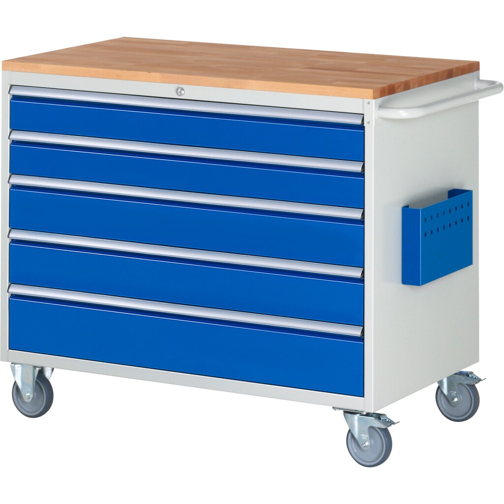 RAU Werkstattwagen Serie 7000, HxBxT 975 x 1.145 x 650 mm, 5 x 90%-Auszug-Schubladen 2 x 120, 2 x 150 mm, 1 x 180 mm, Arbeitsplatte Buche Produktabbildung: RAU Werkstattwagen Serie 7000, HxBxT 975 x 1.145 x 650 mm, 5 x 90%-Auszug-Schubladen 2 x 120, 2 x 150 mm, 1 x 180 mm, Arbeitsplatte Buche