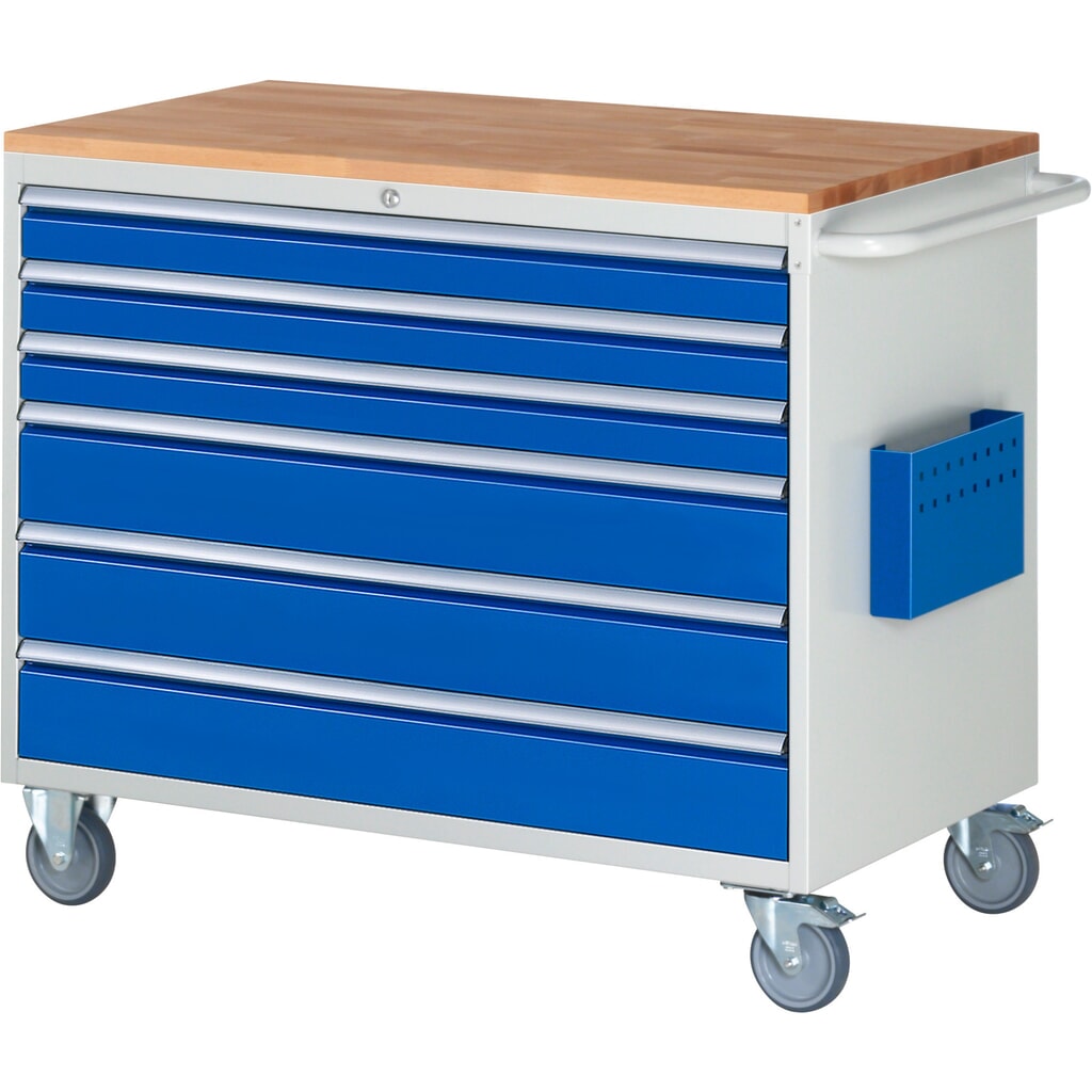 Produktabbildung: RAU Werkstattwagen Serie 7000, HxBxT 975 x 1.145 x 650 mm, 6 x 90%-Auszug-Schubladen 3 x 90, 3 x 150 mm, Arbeitsplatte Buche