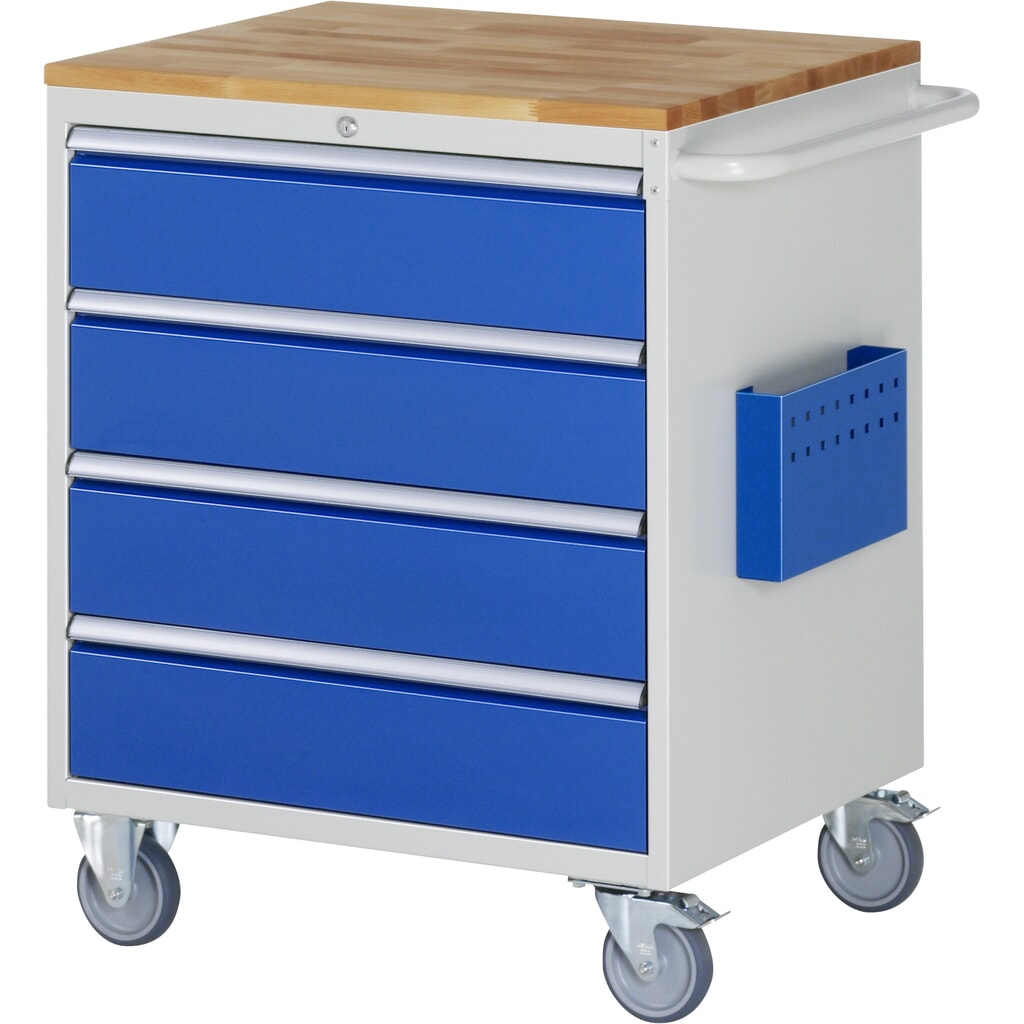 RAU Werkstattwagen Serie 7000, HxBxT 975 x 770 x 650 mm, 4 x 90%-Auszug-Schubladen 4 x 180 mm, Arbeitsplatte Buche Produktabbildung: RAU Werkstattwagen Serie 7000, HxBxT 975 x 770 x 650 mm, 4 x 90%-Auszug-Schubladen 4 x 180 mm, Arbeitsplatte Buche