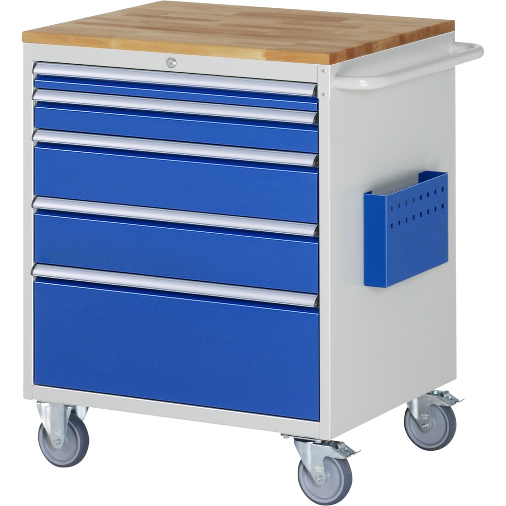 Produktabbildung Nr. 1: RAU Werkstattwagen Serie 7000, HxBxT 975 x 770 x 650 mm, 5 x 100%-Auszug-Schubladen 1 x 60, 1 x 90, 2 x 150, 1 x 270 mm, Arbeitsplatte Buche