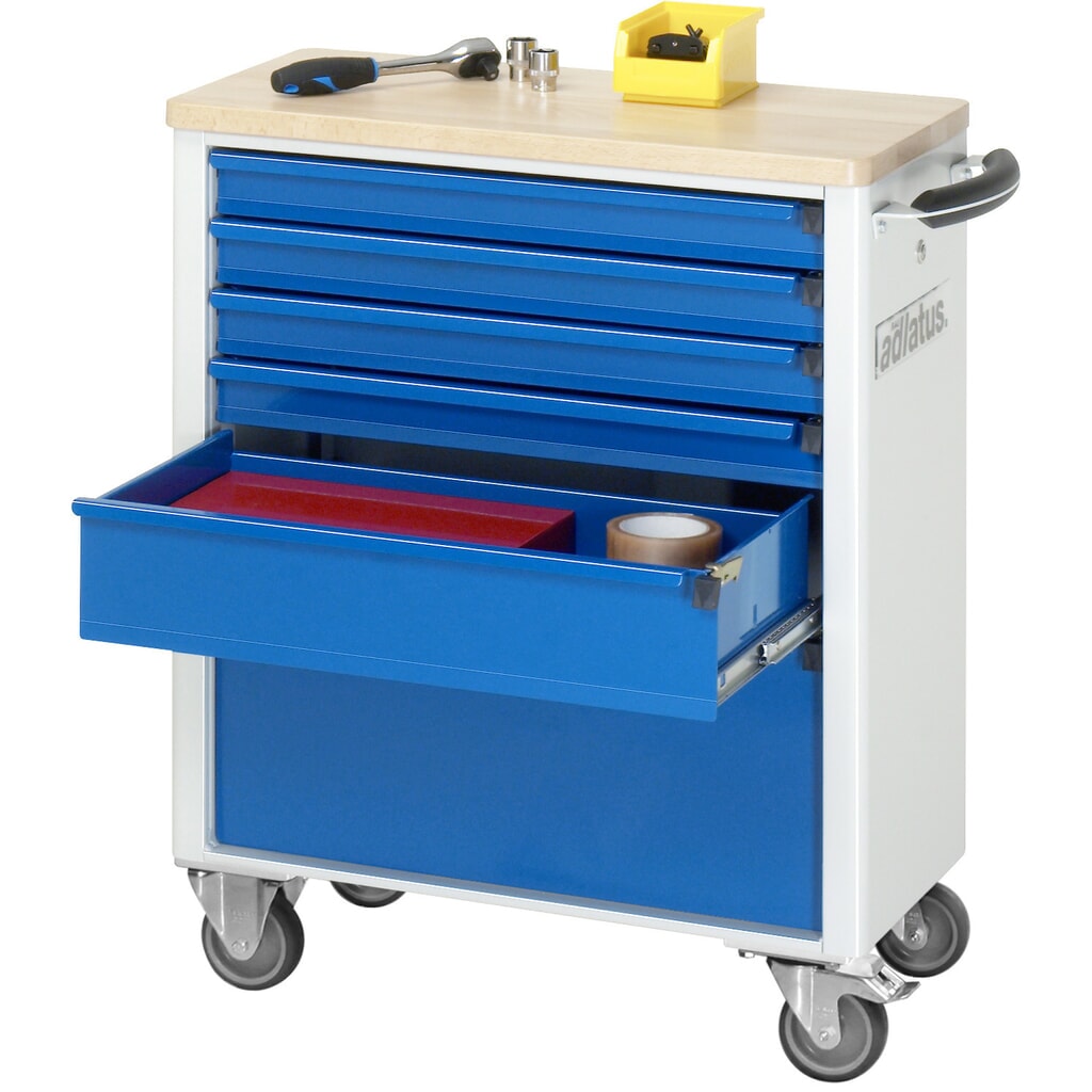 Produktabbildung: RAU Werkzeugwagen Serie adlatus 700, HxBxT 860 x 700 x 350 mm, 6 Schubladen 4 x 65, 1 x 130, 1 x 260 mm, Arbeitsplatte Buche