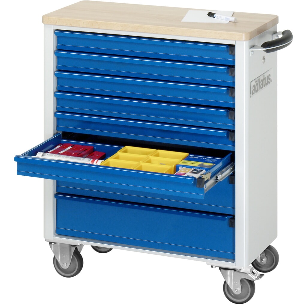 RAU Werkzeugwagen Serie adlatus 700, HxBxT 860 x 700 x 350 mm, 8 Schubladen 6 x 65, 2 x 130 mm, Arbeitsplatte Buche Produktabbildung: RAU Werkzeugwagen Serie adlatus 700, HxBxT 860 x 700 x 350 mm, 8 Schubladen 6 x 65, 2 x 130 mm, Arbeitsplatte Buche