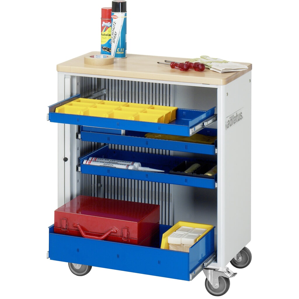 Produktabbildung: RAU Werkzeugwagen Serie adlatus 700, HxBxT 860 x 725 x 400 mm, 4 Schubladen ohne Einzelsicherung, 3 x 40, 1 x 105 mm, Arbeitsplatte Buche