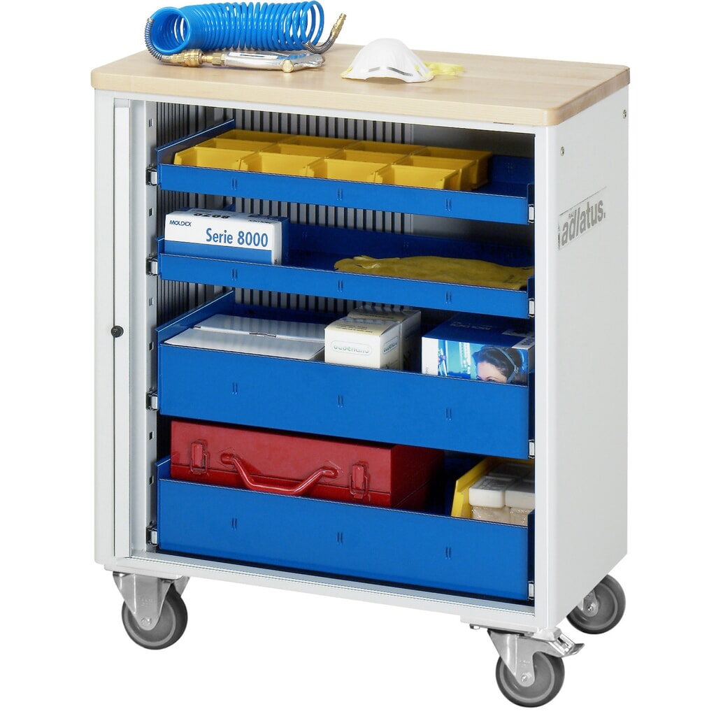 RAU Werkzeugwagen Serie adlatus 700, HxBxT 860 x 725 x 400 mm, 4 Schubladen ohne Einzelsicherung, 2 x 40, 2 x 105 mm, Arbeitsplatte Buche Produktabbildung: RAU Werkzeugwagen Serie adlatus 700, HxBxT 860 x 725 x 400 mm, 4 Schubladen ohne Einzelsicherung, 2 x 40, 2 x 105 mm, Arbeitsplatte Buche