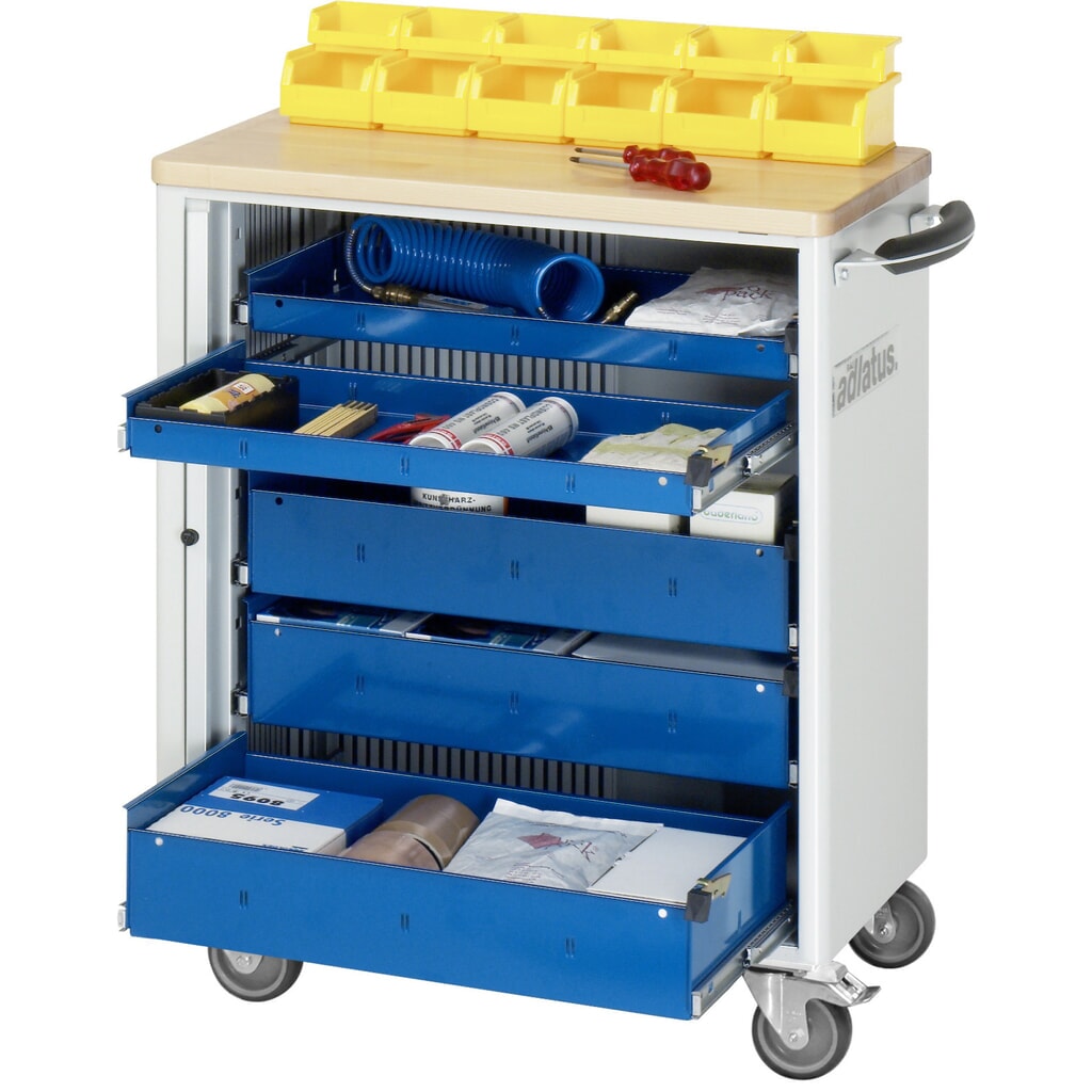 RAU Werkzeugwagen Serie adlatus 700, HxBxT 860 x 725 x 400 mm, 5 Schubladen mit Einzelsicherung, 2 x 40, 3 x 105 mm, Arbeitsplatte Buche Produktabbildung: RAU Werkzeugwagen Serie adlatus 700, HxBxT 860 x 725 x 400 mm, 5 Schubladen mit Einzelsicherung, 2 x 40, 3 x 105 mm, Arbeitsplatte Buche