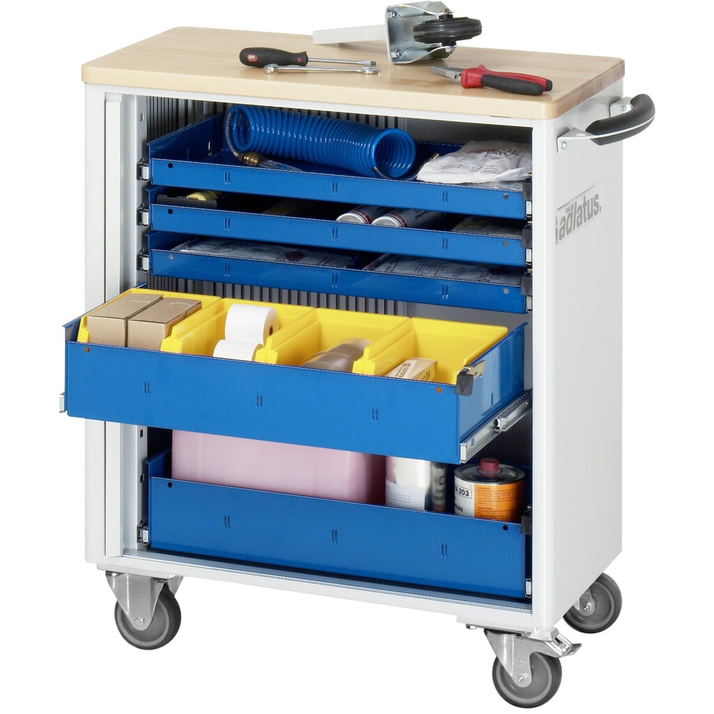 RAU Werkzeugwagen Serie adlatus 700, HxBxT 860 x 725 x 400 mm, 5 Schubladen mit Einzelsicherung, 3 x 40, 2 x 105 mm, Arbeitsplatte Buche Produktabbildung: RAU Werkzeugwagen Serie adlatus 700, HxBxT 860 x 725 x 400 mm, 5 Schubladen mit Einzelsicherung, 3 x 40, 2 x 105 mm, Arbeitsplatte Buche