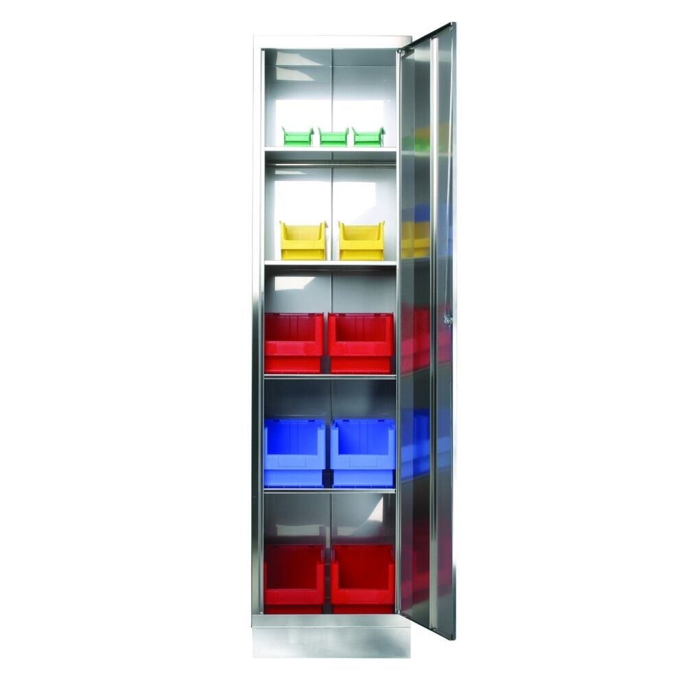 Produktabbildung: Reinsch Flügeltürenschrank aus Edelstahl, 1-flügelig, 4 Einlegeböden, HxBxT 1.950 x 500 x 400 mm, Sockel