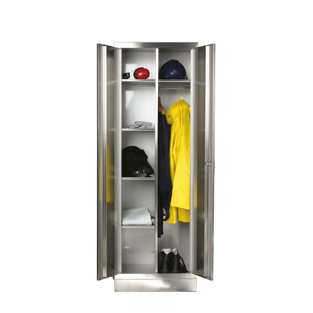 Produktabbildung: Reinsch Kleiderschrank aus Edelstahl, 2-flügelig, 1 Kleiderstange, 5 Böden, HxBxT 1.800 x 600 x 500 mm, Sockel