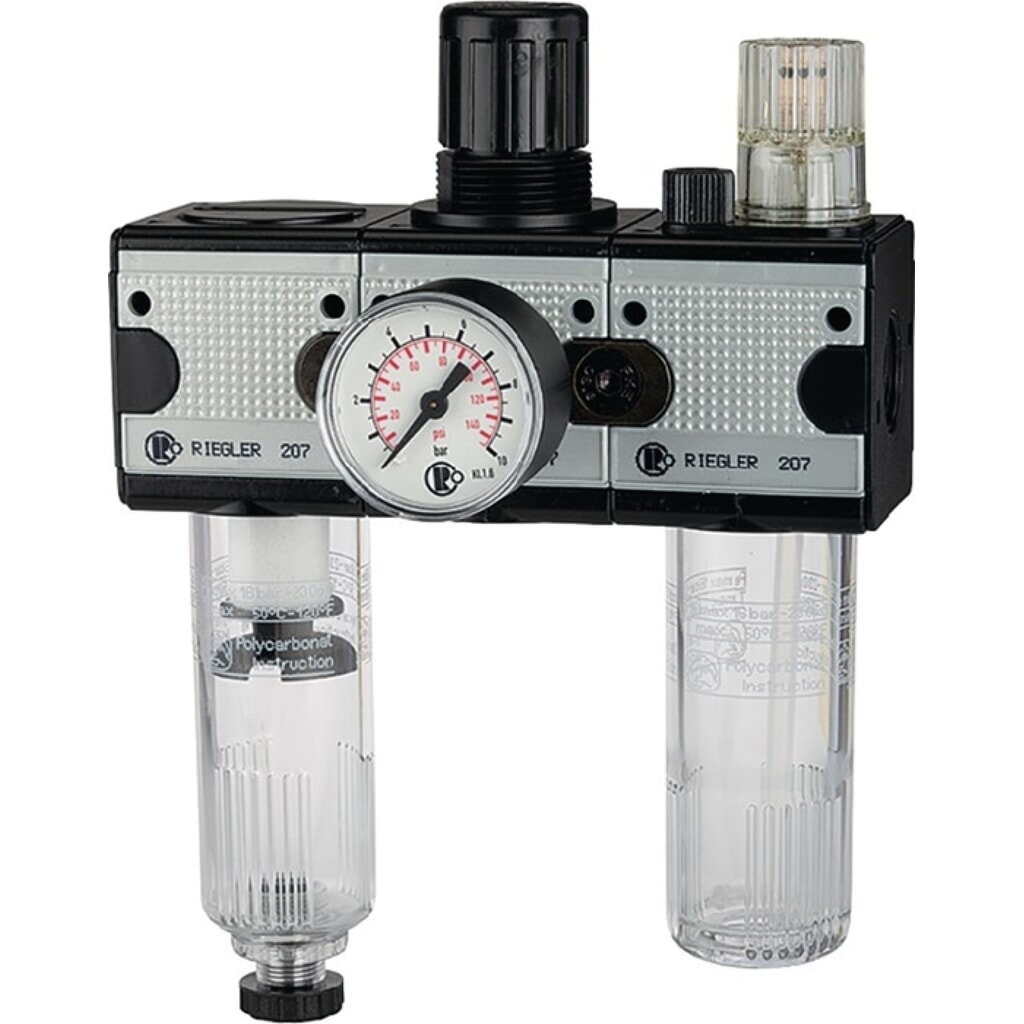 RIEGLER Wartungseinheit MULTIFIX, BG II, Gewinde G 1/2 ″ halbautomatisch, 3000 l/min Breite 200,8 mm Produktabbildung: RIEGLER Wartungseinheit MULTIFIX, BG II, Gewinde G 1/2 ″ halbautomatisch, 3000 l/min Breite 200,8 mm