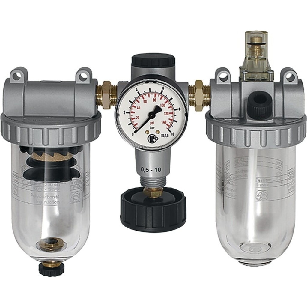 Produktabbildung: RIEGLER Wartungseinheit Standard, BG III 3-tlg., Gewinde 1/2 ″ halbautomatisch, 3200 l/min Breite 259 mm