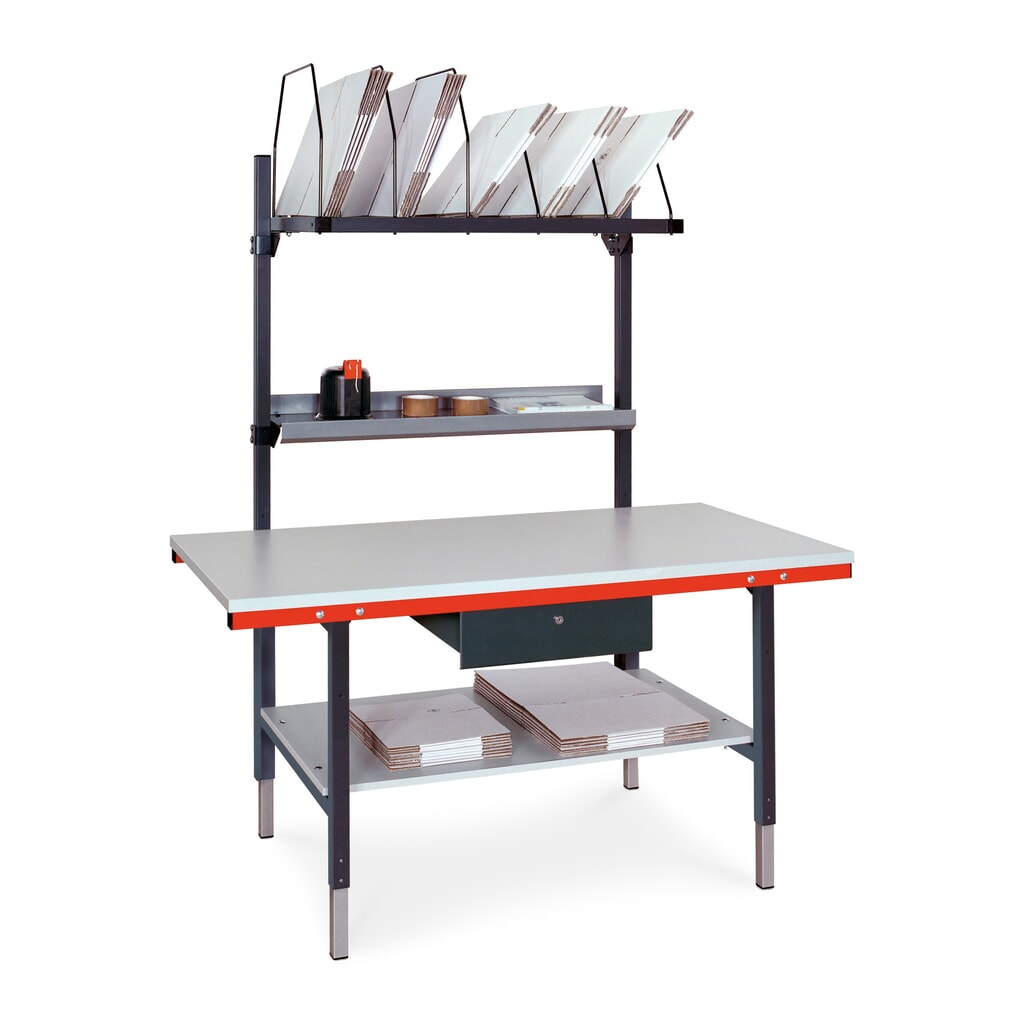 Produktabbildung: Rocholz Manuell höhenverstellbarer Packtisch SYSTEM 2000, Komplett-Paket mit Schublade und Zwischenboden, HxBxT 690-960 x 1.600 x 800 mm