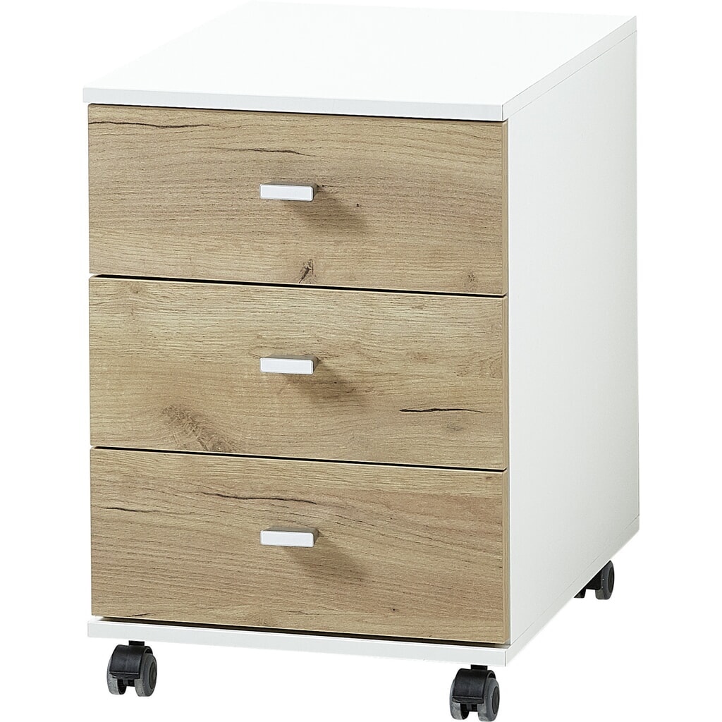 Rollcontainer ALTINO, 3 Schubladen, Weiss/Navarra-Eiche-Nb. Produktabbildung Nr. 1: Rollcontainer ALTINO, 3 Schubladen, Weiss/Navarra-Eiche-Nb.