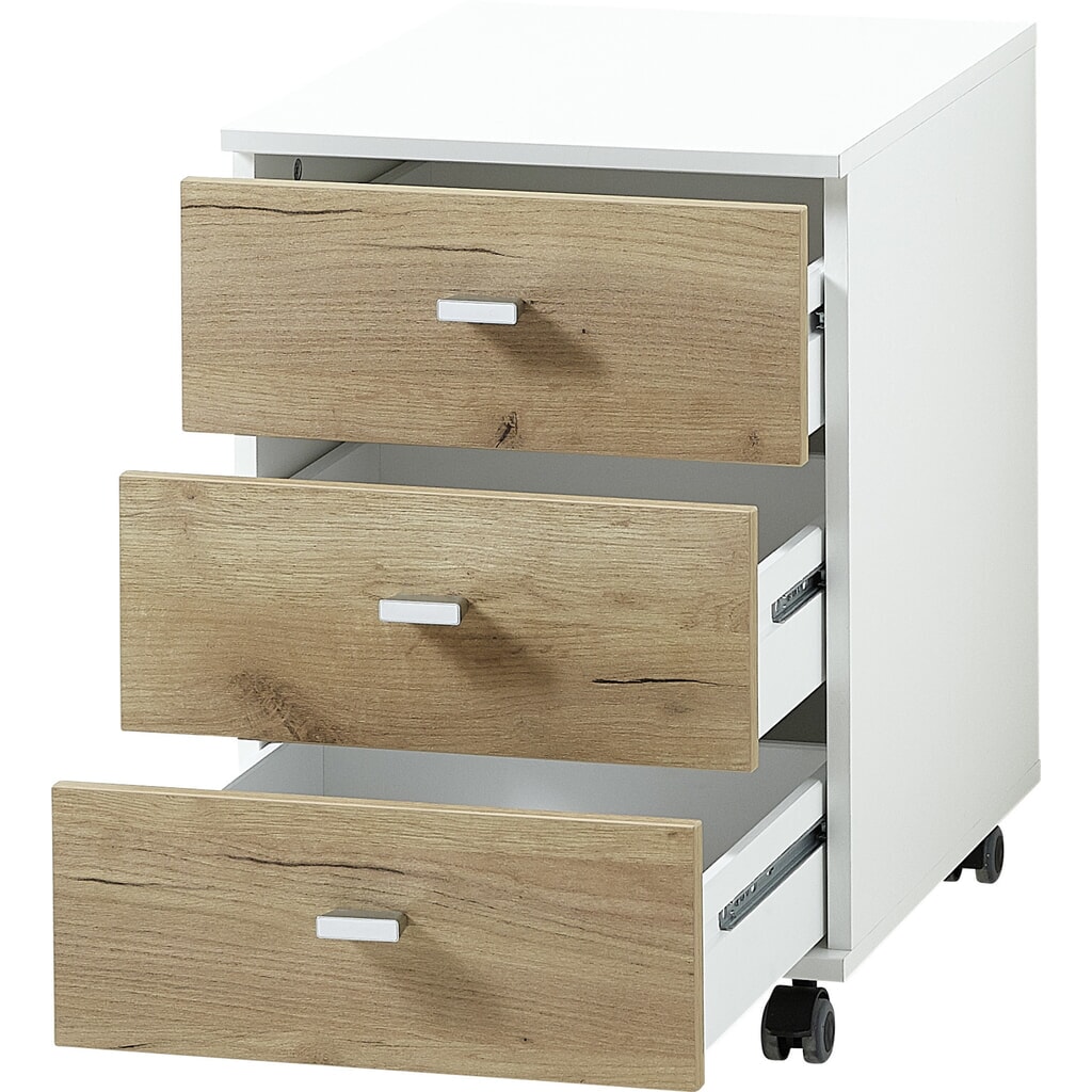 Rollcontainer ALTINO, 3 Schubladen, Weiss/Navarra-Eiche-Nb. Produktabbildung Nr. 3: Rollcontainer ALTINO, 3 Schubladen, Weiss/Navarra-Eiche-Nb.