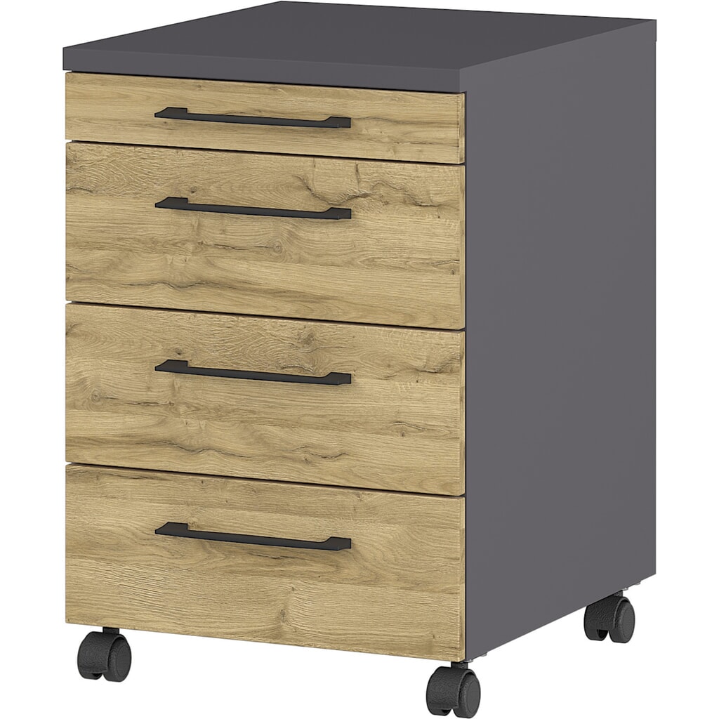 Rollcontainer PROFI, 4 Schubladen, Graphit/Grandson-Eiche-Nb. Produktabbildung: Rollcontainer PROFI, 4 Schubladen, Graphit/Grandson-Eiche-Nb.