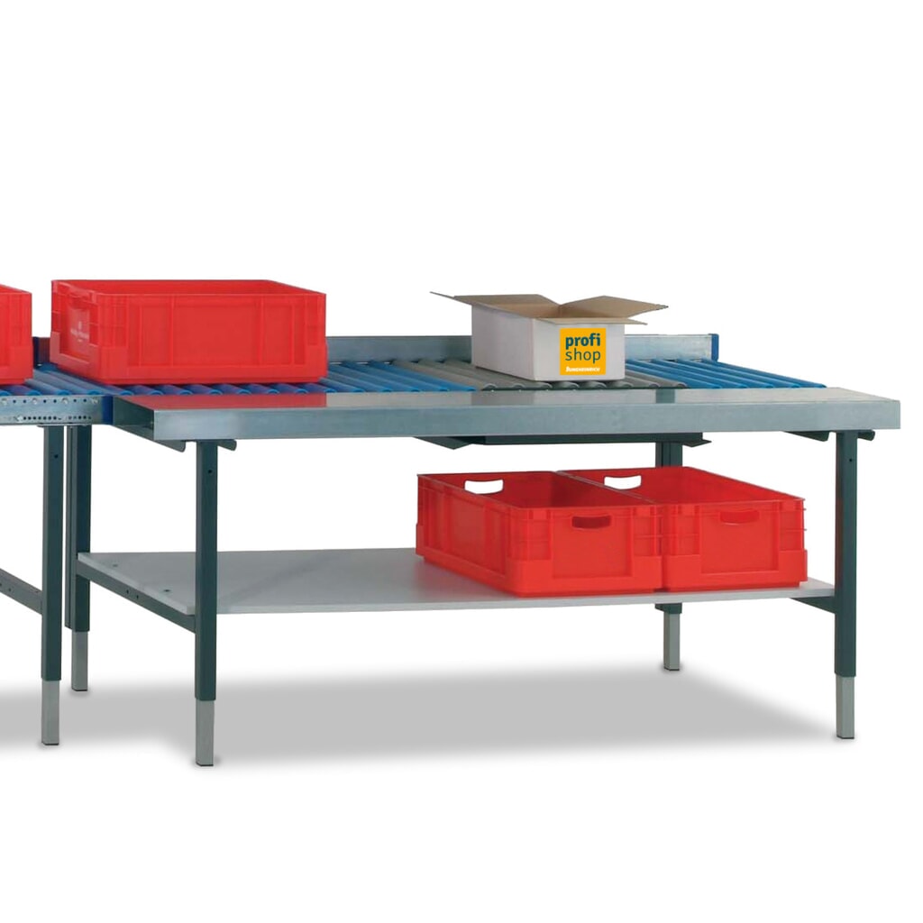 Produktabbildung: Rocholz Manuell höhenverstellbarer Packtisch SYSTEM 2000, mit Rollenbahn, mit Arbeitsfläche und Waage, HxBxT 690-960 x 1.955 x 920 mm