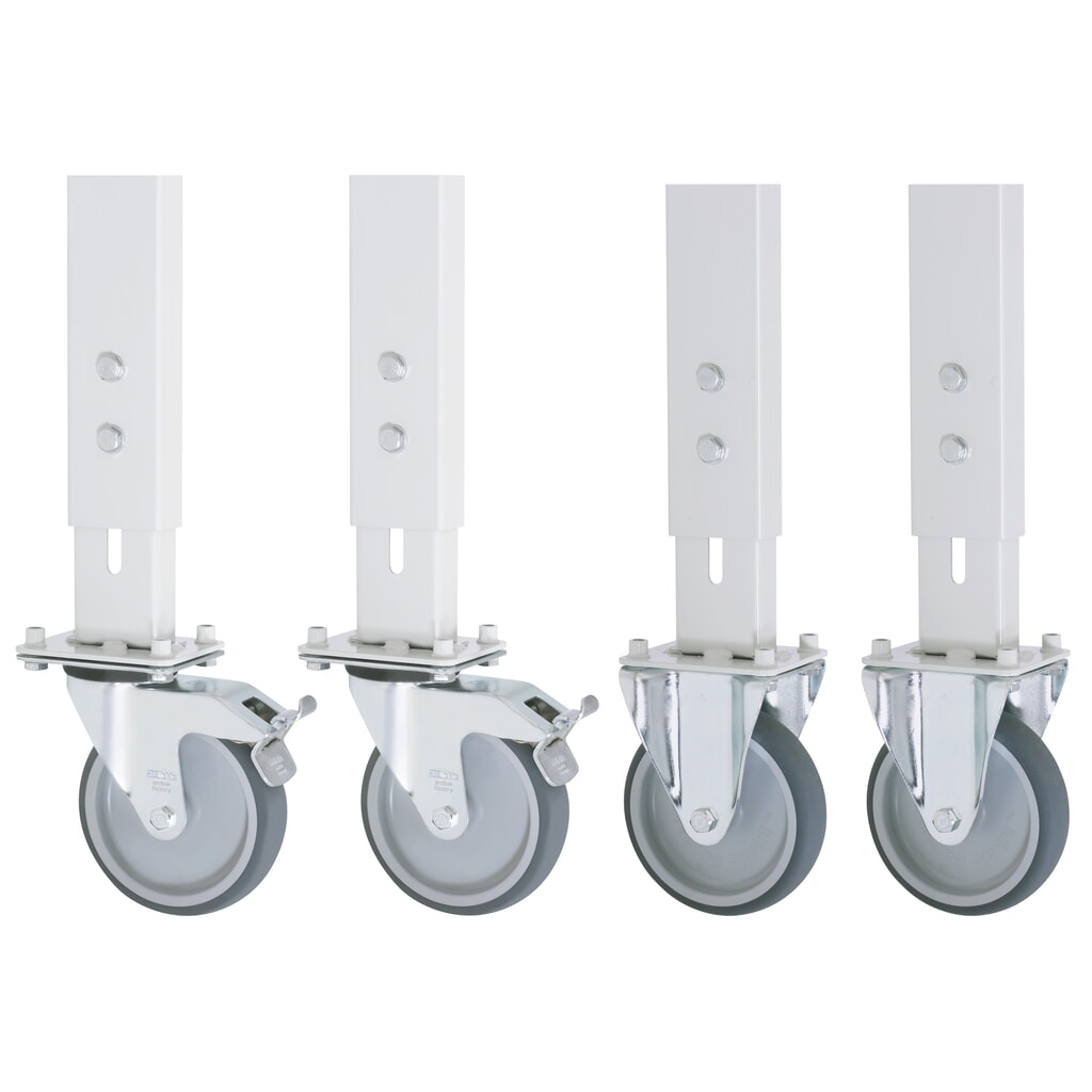 Produktabbildung: Rollensatz für RAU Werktisch Serie Tom, HxBxT 150 x 125 x 30 mm, 2 Bock- und 2 Lenkrollen mit Feststeller