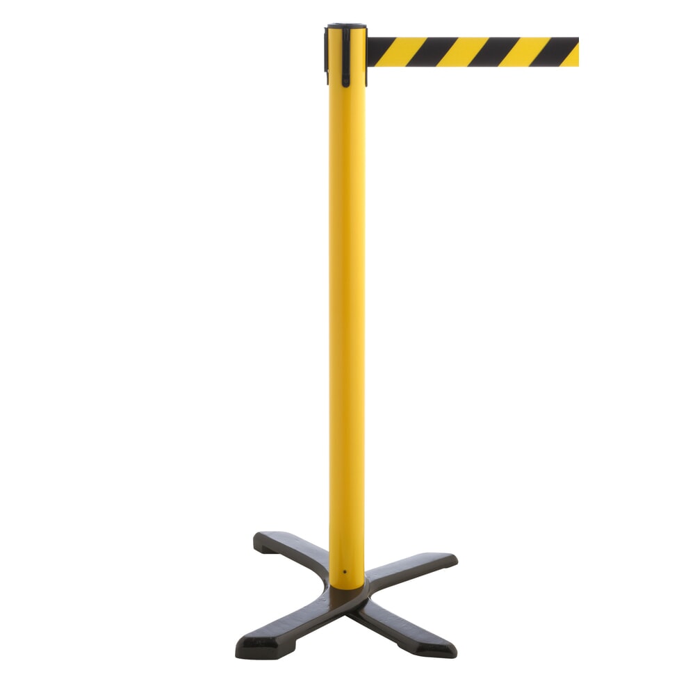 Produktabbildung: RS-GUIDESYSTEMS® Absperrpfosten Kreuzfuss, Gurtlänge 4 m, gelb, schwarz / gelb diagonal gestreift