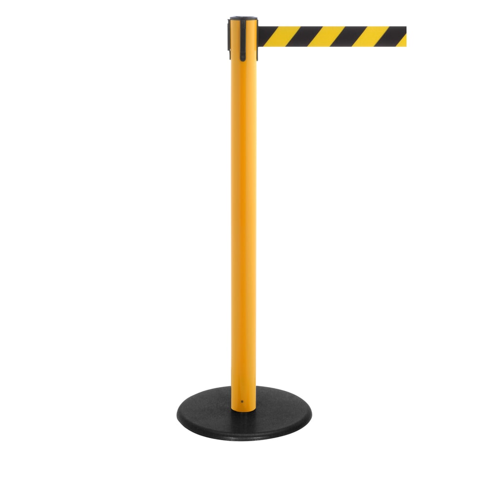 Produktabbildung Nr. 1: RS-GUIDESYSTEMS® Gurt-Absperrpfosten, Bodenteller aus Guss, Gurtbreite 50 mm, gelb, schwarz / gelb diagonal gestreift, 4,0 m