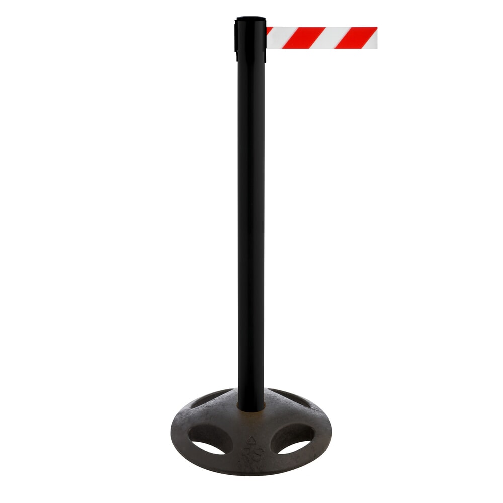 Produktabbildung: RS-GUIDESYSTEMS® Gurt-Absperrpfosten, Bodenteller aus Verbundwerkstoff, Gurtbreite 100 mm, schwarz, rot / weiss diagonal gestreift