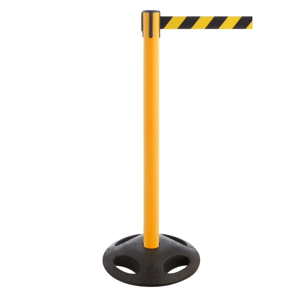Produktabbildung: RS-GUIDESYSTEMS® Gurt-Absperrpfosten, Bodenteller aus Verbundwerkstoff, Gurtbreite 100 mm, gelb, schwarz / gelb diagonal gestreift