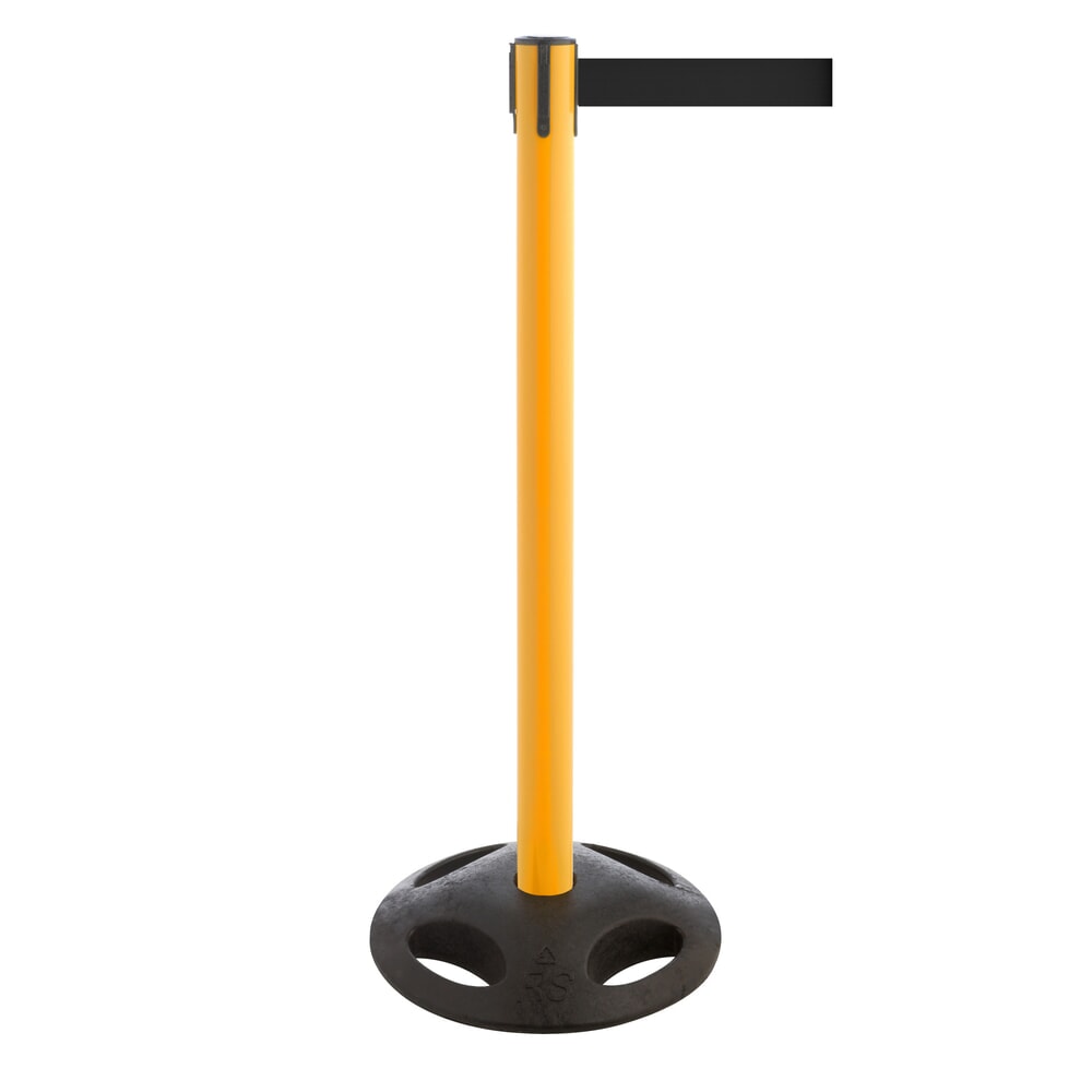 Produktabbildung: RS-GUIDESYSTEMS® Gurt-Absperrpfosten, Bodenteller aus Verbundwerkstoff, Gurtbreite 100 mm, gelb, schwarz