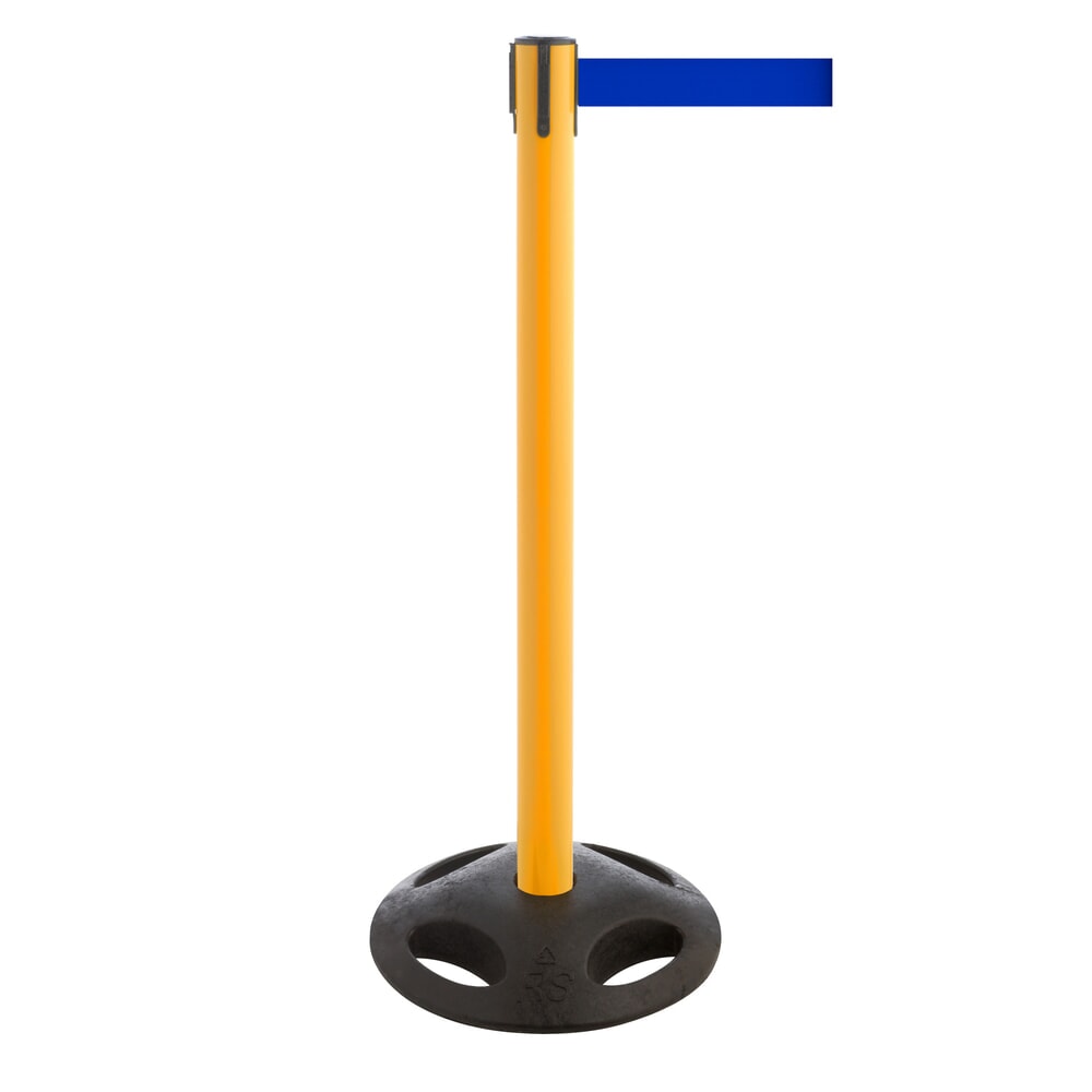 Produktabbildung: RS-GUIDESYSTEMS® Gurt-Absperrpfosten, Bodenteller aus Verbundwerkstoff, Gurtbreite 100 mm, gelb, blau