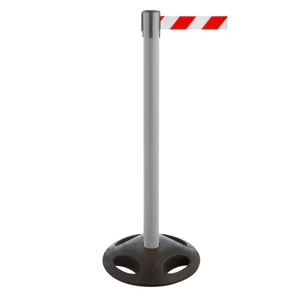 Produktabbildung: RS-GUIDESYSTEMS® Gurt-Absperrpfosten, Bodenteller aus Verbundwerkstoff, Gurtbreite 100 mm, anthrazit, rot / weiss diagonal gestreift