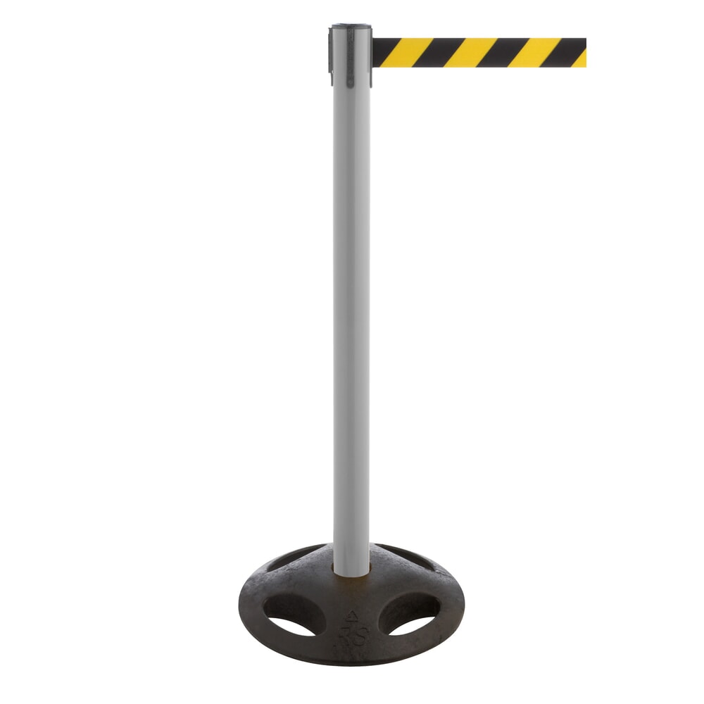 Produktabbildung: RS-GUIDESYSTEMS® Gurt-Absperrpfosten, Bodenteller aus Verbundwerkstoff, Gurtbreite 100 mm, anthrazit, schwarz / gelb diagonal gestreift