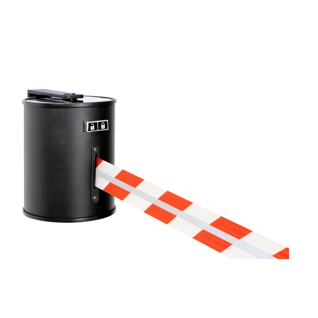 Produktabbildung: RS-GUIDESYSTEMS® Gurtkassette GLW 1800 REFLECTO, Wandmontage, Länge 18 m, Breite 50 mm, Gehäuse schwarz, Gurt rot/weiss