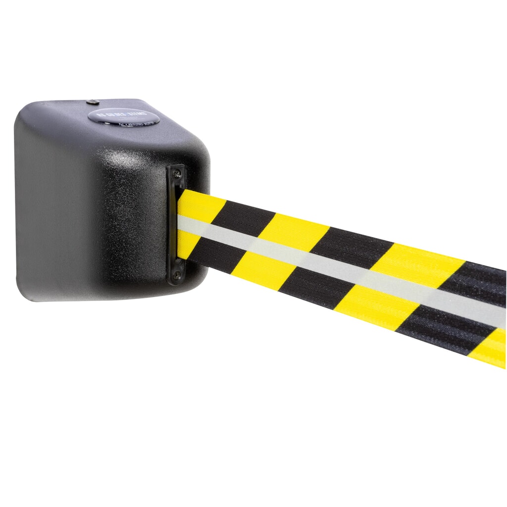 RS-GUIDESYSTEMS® Gurtkassette GLW 460 REFLECTO, Wandmontage, Länge 6 m, Breite 50 mm, Gehäuse schwarz, Gurt schwarz/gelb Produktabbildung: RS-GUIDESYSTEMS® Gurtkassette GLW 460 REFLECTO, Wandmontage, Länge 6 m, Breite 50 mm, Gehäuse schwarz, Gurt schwarz/gelb