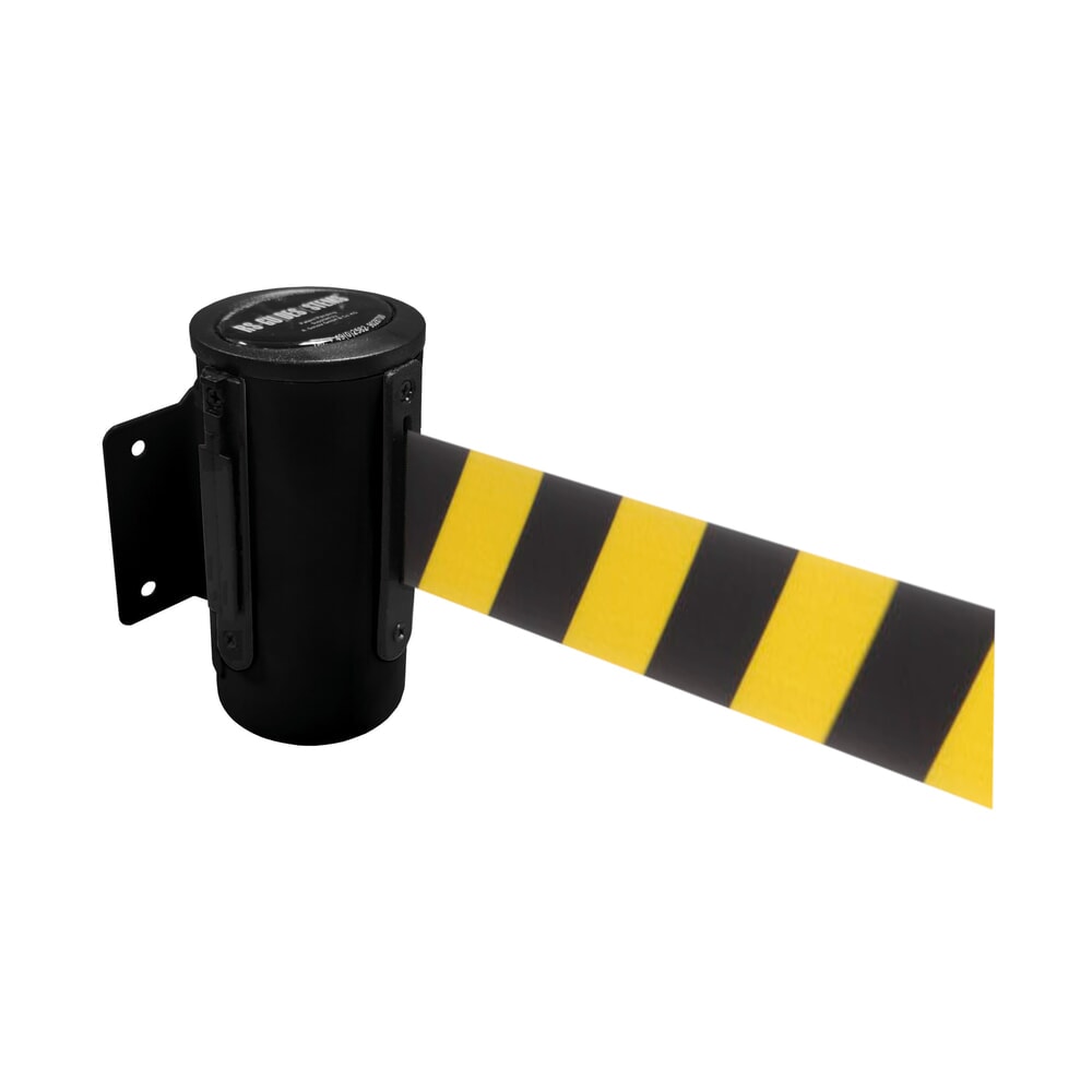Produktabbildung: RS-GUIDESYSTEMS® Wandgurt-Kassette aus Metall, pulverbeschichtet, Auszugslänge 4 m, schwarz, schwarz / gelb diagonal gestreift