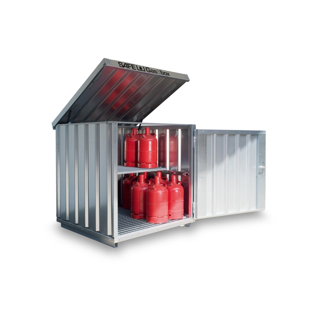 SAFE Tank Gasflaschenbox GB 2, verzinkt, montiert, mit Gitterrostboden, für 14 Gasflaschen je 33kg Produktabbildung: SAFE Tank Gasflaschenbox GB 2, verzinkt, montiert, mit Gitterrostboden, für 14 Gasflaschen je 33kg