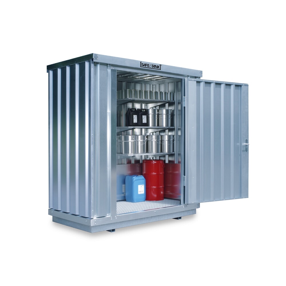 Produktabbildung: SAFE Tank Gefahrstoffcontainer 300 ALG, Aussenaufstellung, verzinkt, montiert, Masse aussen 2100x1440x2300 mm, Einzelflügeltür, mittig in 2 m Seite, Lagerfläche 2 m²