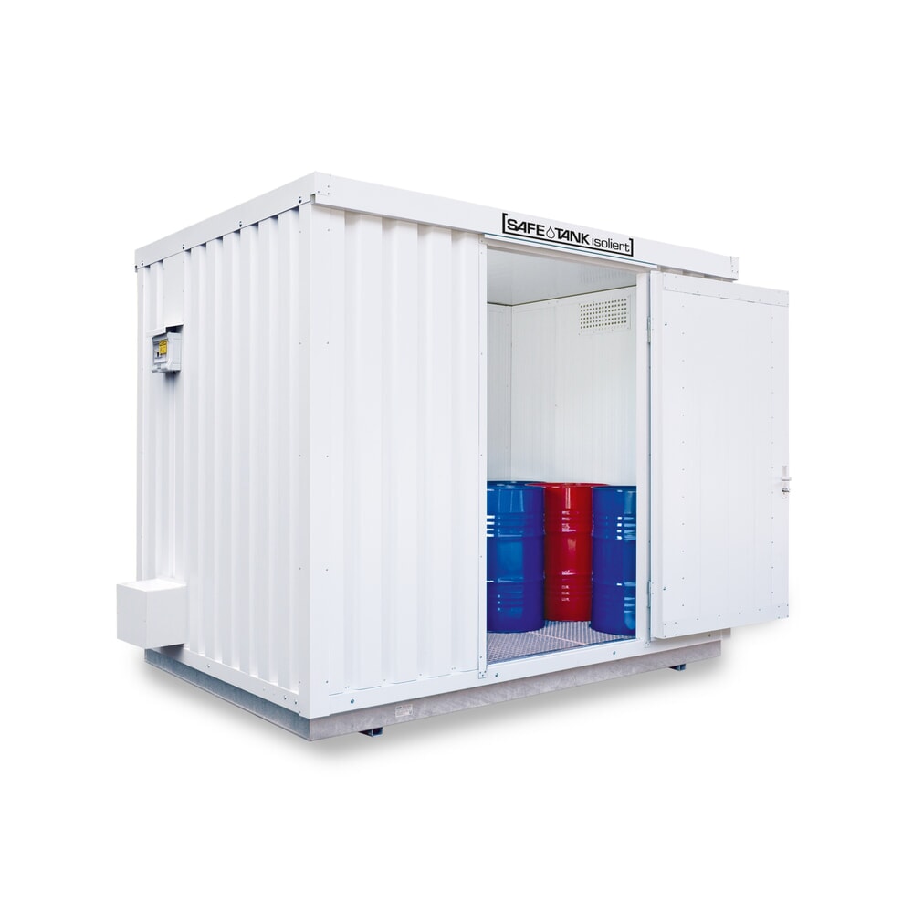 Produktabbildung: SAFE Tank Gefahrstoffcontainer 1000 ALG, isoliert Aussenaufstellung, komplett montiert, kunststoffbeschichtet RAL 9002, Masse aussen 3350x2170x2560 mm, Einzelflügeltür, mittig in Breitseite, Lagerfläche 5 m²