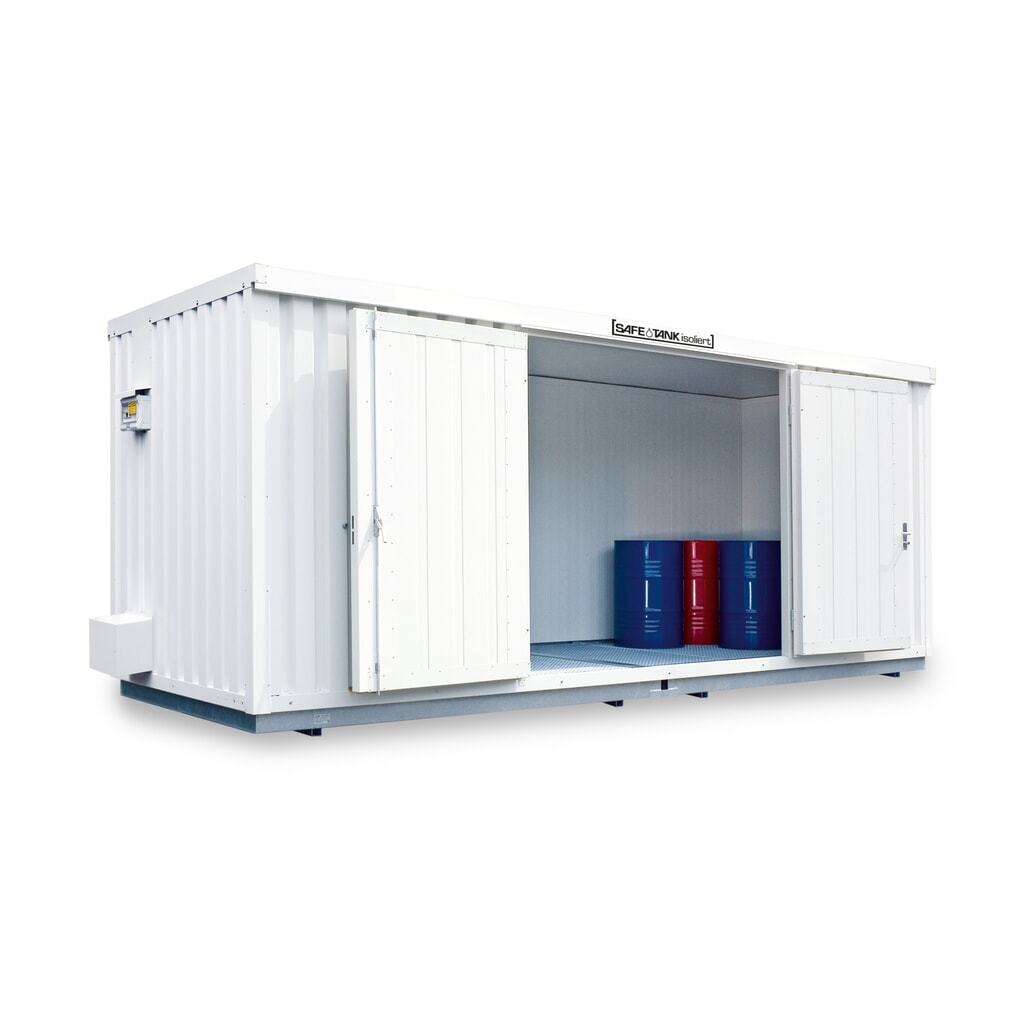 Produktabbildung: SAFE Tank Gefahrstoffcontainer 300 ALG, isoliert Aussenaufstellung, komplett montiert, kunststoffbeschichtet RAL 9002, Masse aussen 2100x1440x2520 mm, Doppelflügeltür (asymmetrische Teilung), mittig in Breitseite, Lagerfläche 2 m²