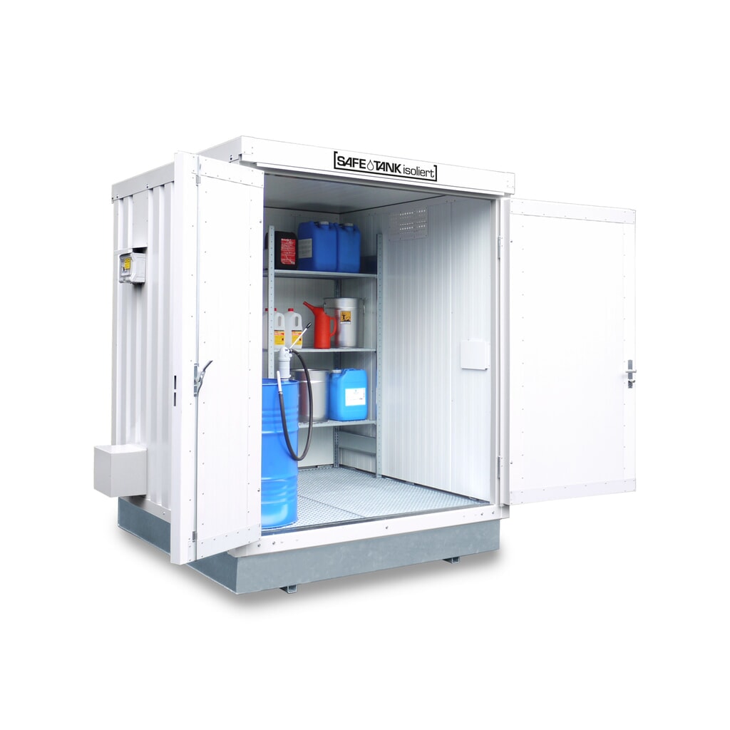 Produktabbildung: SAFE Tank Gefahrstoffcontainer 400 KTC ALG, isoliert, Aussenaufstellung, montiert, kunststoffbeschichtet RAL 9002, Masse aussen 2400x2170x2650 mm, Doppelflügeltür (asymmetrische Teilung), mittig in Stirnseite, Lagerfläche 4 m²