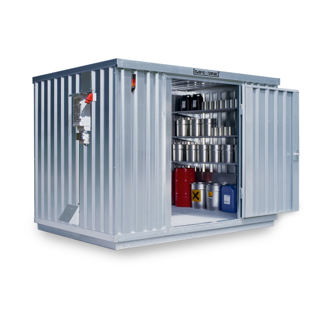 Produktabbildung: SAFE Tank Gefahrstoffcontainer 1000 CONTROL, automatisierte Explosionsschutzeinrichtung  für höchste Energieeffizienz u. Sicherheit, Masse aussen 3350x2170x2310 mm, Einzelflügeltür, mittig in der kurzen Seite, Lagerfläche 6 m²