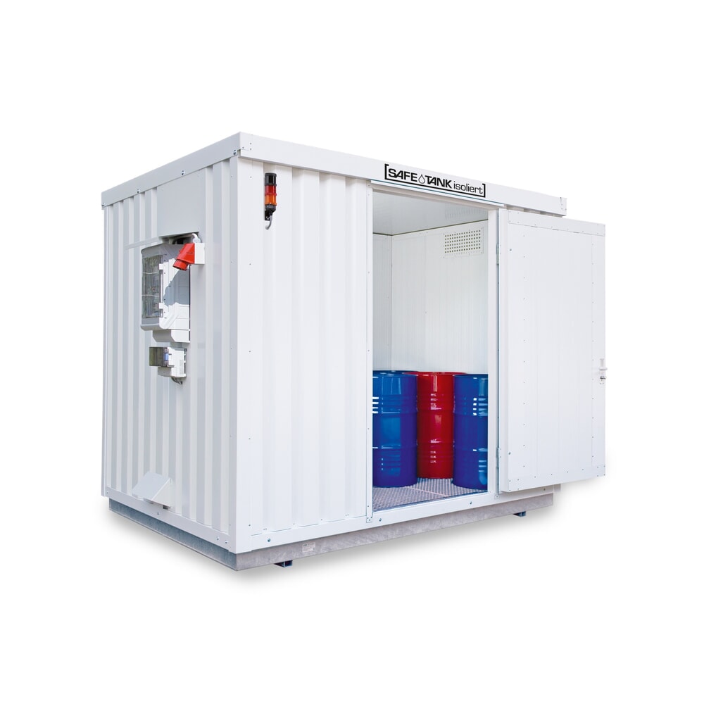 Produktabbildung: SAFE Tank Gefahrstoffcontainer 1000 CONTROL isoliert, automatisierte Explosionsschutzeinrichtung für höchste Energieeffizienz u. Sicherheit, Masse aussen 3350x2170x2560 mm, Einzelflügeltür, mittig in Breitseite, Lagerfläche 6 m²