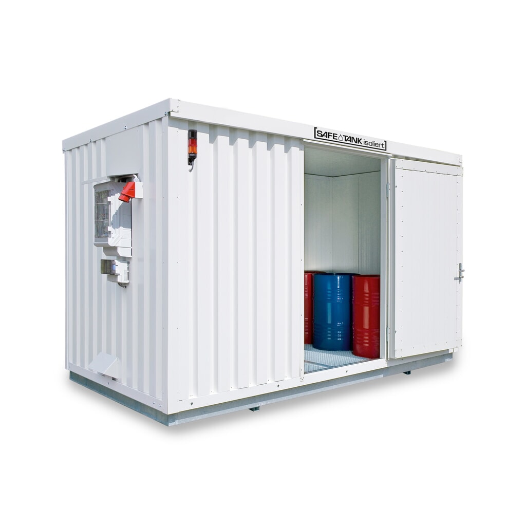 Produktabbildung: SAFE Tank Gefahrstoffcontainer 1350 CONTROL isoliert, automatisierte Explosionsschutzeinrichtung für höchste Energieeffizienz u. Sicherheit, Masse aussen 4350x2170x2510 mm, Einzelflügeltür, mittig in 2 m Seite, Lagerfläche 7 m²