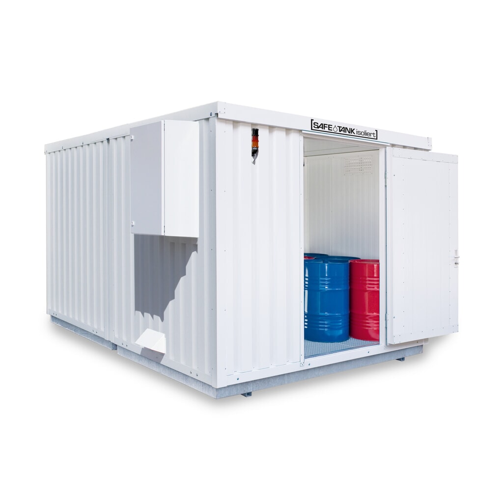 Produktabbildung: SAFE Tank Gefahrstoffcontainer 2000 CONTROL isoliert, automatisierte Explosionsschutzeinrichtung für höchste Energieeffizienz u. Sicherheit, Masse aussen 3350x4340x2560 mm, Einzelflügeltür, mittig in 3 m Seite, Lagerfläche 12 m²