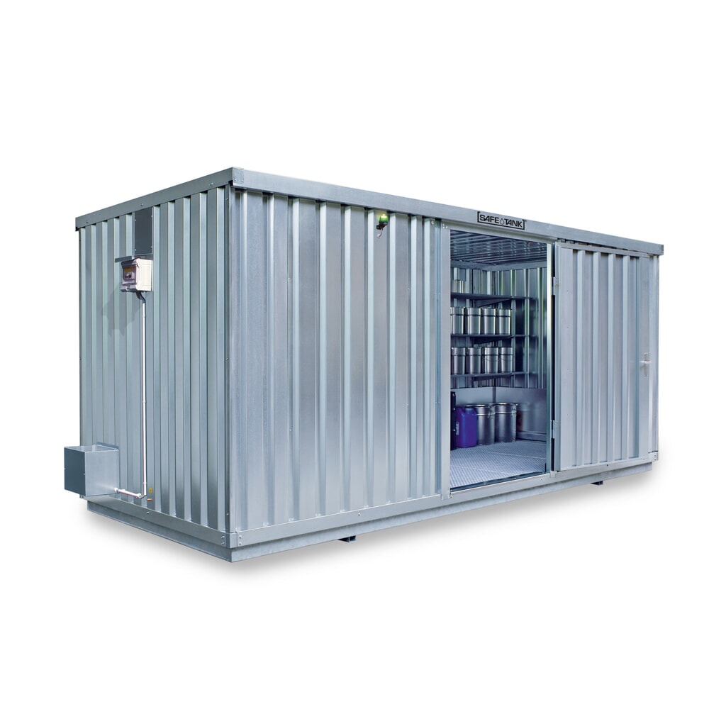 Produktabbildung: SAFE Tank Gefahrstoffcontainer 1700 ECO, energieeffizient durch bedarfsgerechte Lüftersteuerung, Masse aussen 5380x2170x2300 mm, Einzelflügeltür, mittig in der kurzen Seite, Lagerfläche 10 m²